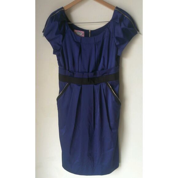 PHOEBE COUTURE Deep Blue Zip Trim Waist Pleated Dress Sz 4 - Picture 1 of 8